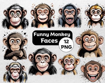Paquete de imágenes PNG con caras de monos divertidos: Gráficos de safari en la jungla (descarga digital)