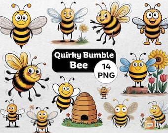 Paquete de imágenes prediseñadas de abejorros peculiares: descarga digital PNG para manualidades