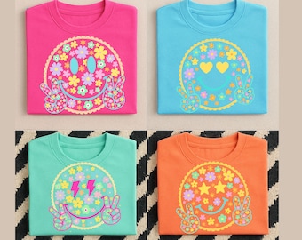 Neon Smiley Gesicht PNG Bündel: Retro Sonnenschein Clipart (digitaler Download)