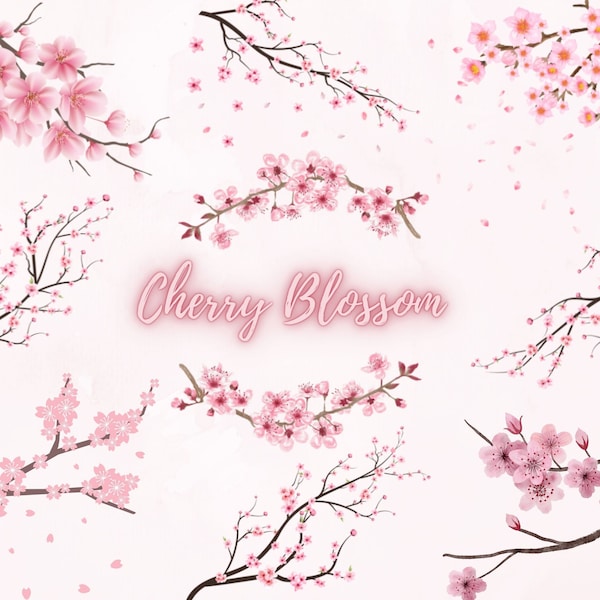 Cherry Blossoms Watercolor Clipart Bundle, Sakura Clipart, Spring Scene Clipart, Floral Wreaths, Sakura PNG, SVG