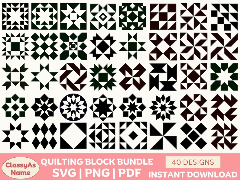 May include: A collection of 40 quilting block designs in black and white. The designs feature various geometric patterns, including stars, diamonds, and squares. The image includes the text "Quilting Block Bundle" and "40 Designs".