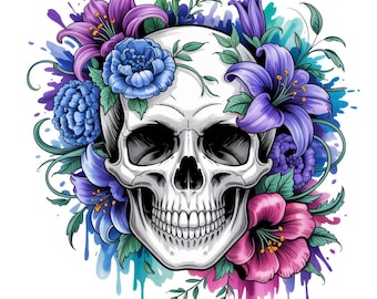 Puede incluir: Ilustración detallada de una calavera humana adornada con flores vibrantes. La calavera es blanca, con sombreado intrincado, y rodeada de lirios morados, peonías azules y flores rosas. Salpicaduras de pintura de acuarela en azul y morado añaden un toque decorativo.