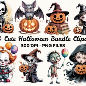 Adorable Halloween Friendlies PNG – Cute Ghost Witch Pumpkin Cat Spider Bat Clipart Digital Download for Crafts & Decor