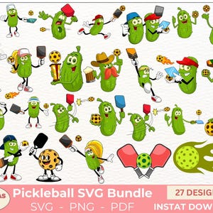 May include: A collection of cartoon pickle illustrations in various poses, playing pickleball. The characters are green pickles with different accessories, including hats, paddles, and pickleballs. The image also includes the text "Pickleball SVG Bundle".