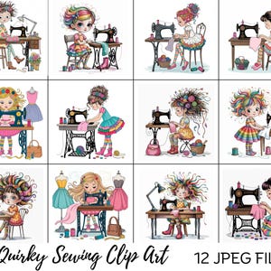 May include: A collection of 12 whimsical clip art images featuring cartoon girls sewing on vintage sewing machines. Each image showcases a girl with colorful hair and clothing, engaged in sewing activities. The images are set against a white background.