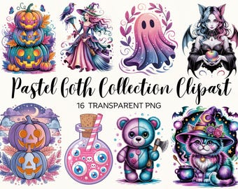 Watercolor Pastel Goth Clipart | Retro Spooky PNG Bundle (Digital Download)