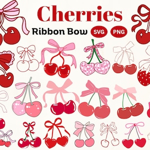 Może przedstawiać: Kolekcja ilustracji wiśni z kokardkami w różnych stylach. Słowo "Cherries" jest w kolorze czerwonym, pod nim "Ribbon Bow". Zawiera ikony typu pliku SVG i PNG. Wiśnie są czerwone, różowe i obrysowane na czarno.
