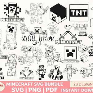 May include: A collection of black and white Minecraft-themed SVG designs. The images include characters, logos, and text elements such as "Minecraft," "TNT," and "Eat, Sleep, Mine, Repeat." The bundle contains 28 designs available for instant download.