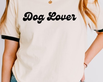 Camiseta para amantes de los perros, estilo retro, camiseta con ribetes, algodón, informal, diseño vintage, corte holgado, ribete en contraste, gráfico de animales, entusiasta de las mascotas.