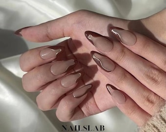 Mocha Outline Press On Nails: Almond, Elegant, Reusable