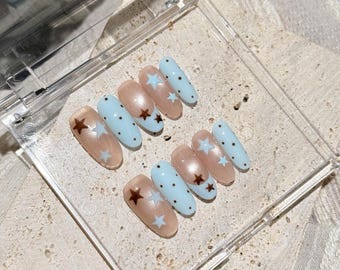 Uñas postizas de estrella azul pastel, lindo set de uñas kawaii, uñas de lunares, uñas postizas hechas a mano