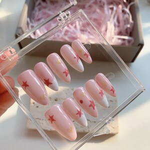 Pink Stars Press On Nails, Trendy Nail Art, Soft Pink Nails, French Tip Nails, Gift for Her
