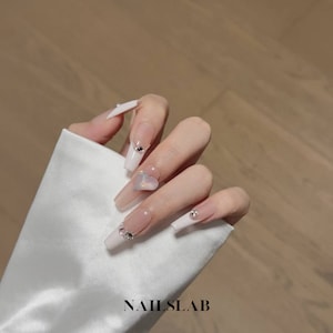 White French Tip Press On Nails, White French Tip with Heart and Crystal Accents, Handmade Nail Art, Classy Nails, Gift for Her