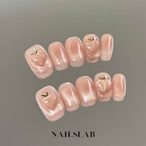 3D Peach Press On Nails, Cat Eye Nails, Cute Nails, Short Fake Nails, Handmade Nail Art