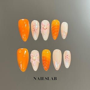 Citrus Blossom Press On Nails: Handmade Floral Almond Nail Tips