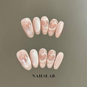 BESTSELLER Blush Heart Press On Nails, Soft Pink with Heart Design, Handmade Press Ons, Cute Nail Set, Gift for Her