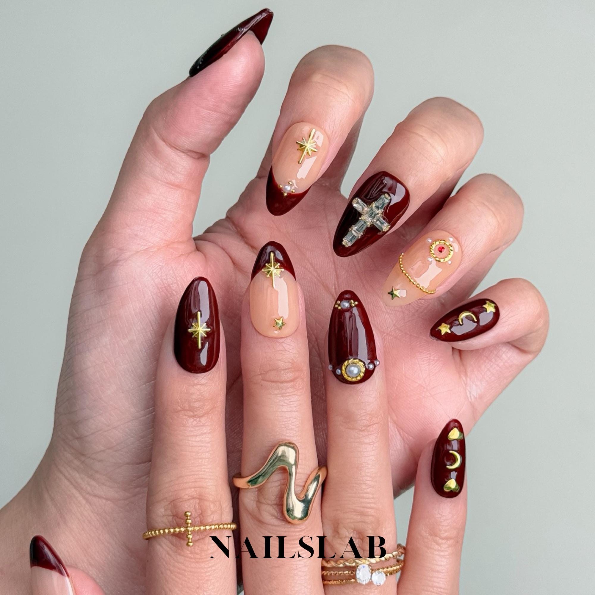 Celestial Maroon Press on Nails: Gold Nail Art, Almond Shape - Etsy