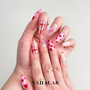 Cute Pink and Red Press On Nails, Heart and Bow Nail Set, Almond Nails, Reusable Fake Nails, Handmade Nail Art
