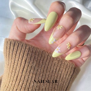 Pastel Yellow Floral Press On Nails: Almond French Tip Nail Art