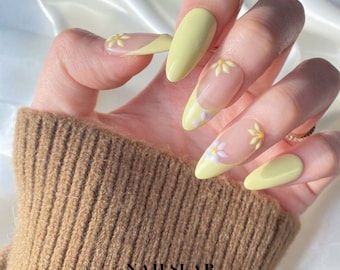 Pastel Yellow Floral Press On Nails: Almond French Tip Nail Art