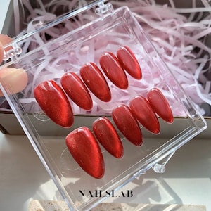 Red Cat Eye Press On Nails, Red Glitter Nails, Plain Nails, Long Almond Nails, Minimalist Nails, Gift for Her