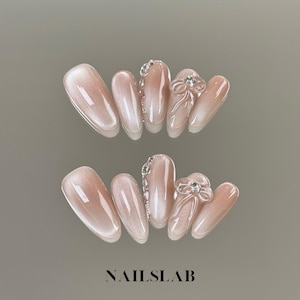Pink Cat Eye Press On Nails, 3D Bow & Rhinestones Nails, Almond Nails, Cute Nails