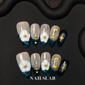 Dark Green Floral Press On Nails, Almond Nail Set with Gold Charm, French Nails, Trendy Nail Art, Gift for Her