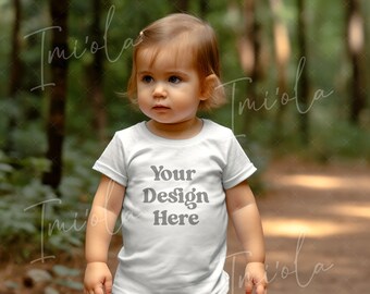 Baby Toddler Girl Mockup, 1 year old Girl or Baby Lifestyle Mockup in Bella Canvas 3001B, Woodland Theme, Outdoors