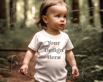 Toddler Girl Lifestyle Mockup, Bella Canvas 3001B t shirt mockup on 1 year old girl, Woodland Theme with outdoors forest background