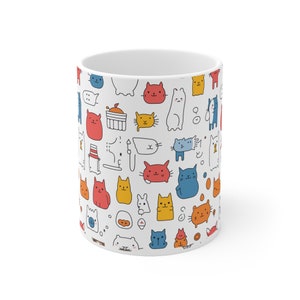 Colorful Kitties Illustration Coffee Mugs, Adorable Character Mugs Cup Gift, Mugs for Cat Lovers and Coffee Enthusiasts, Hot Chocolate Mug