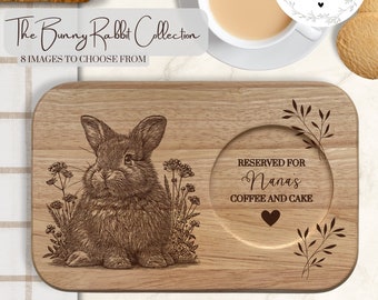 Bunny Rabbit Engraved Tea & Biscuits Board l Custom Wooden Engraved Gift l Personalised Gift for Grandma, Mum l Perfect Mothers Day Gift