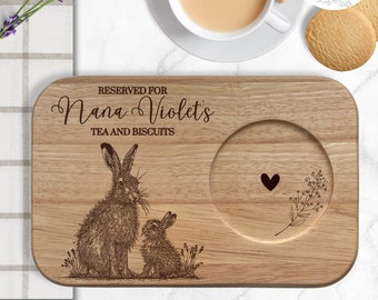 Tea & Biscuit Board l Choice of Hare Illustration l Custom Wooden Engraved Gift l Personalised Gift for Her l Perfect Gift for Mum or Nan