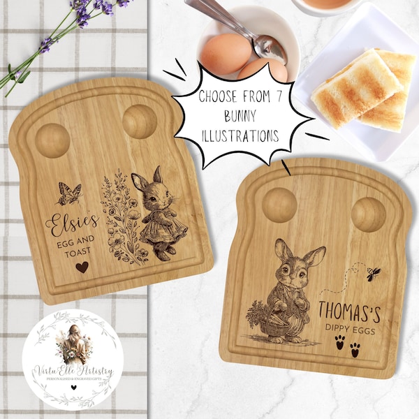 Personalised Egg & Toast Board | Breakfast Dippy Egg and Soldiers Board | Gift for Child | Choice of Bunny Illustration for Engraving