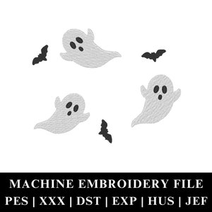 Puede incluir: Diseño de archivo de bordado a máquina con cuatro fantasmas y cuatro murciélagos sobre un fondo blanco. Los formatos de archivo incluidos son PES, XXX, DST, EXP, HUS y JEF.