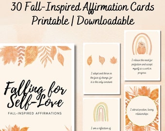 May include: Printable affirmation cards with fall-themed illustrations. The cards feature phrases like "I adapt and thrive in the face of change" and "I am a reflection of nature's ever-changing beauty".