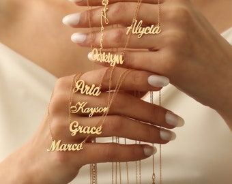 Collar de nombre de oro sólido de 14K, collar de nombre personalizado, collar de nombre de oro collar de placa de nombre, collar de mamá, regalo para ella, regalo para mamá, cumpleaños