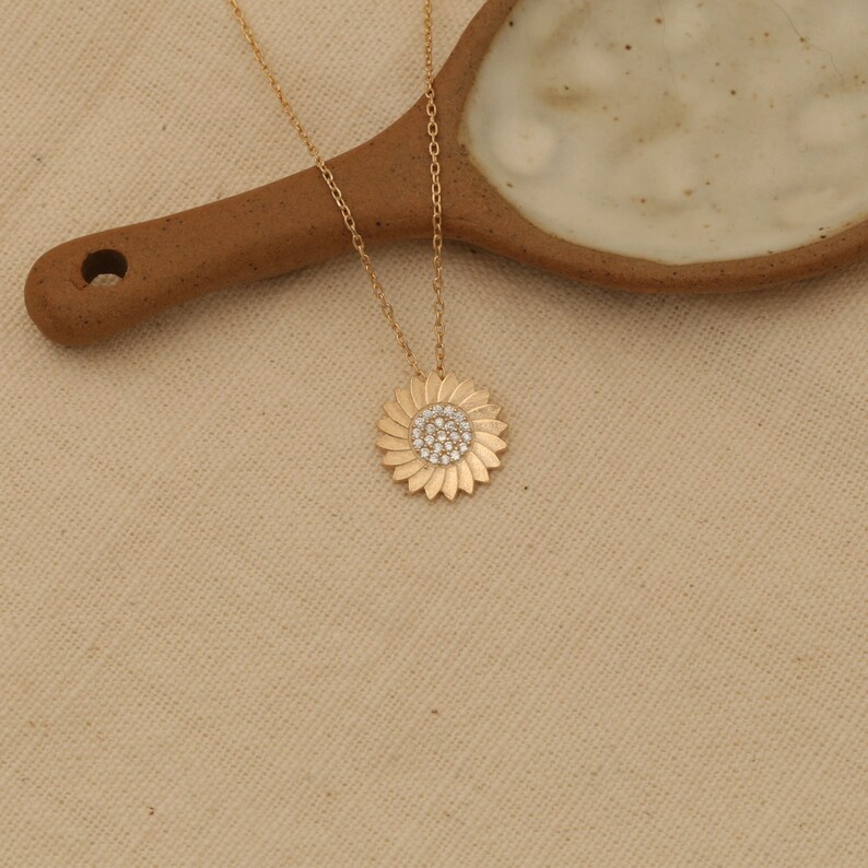 Sunflower Necklace , 14K Gold Plated Sunflower Necklace, Minimalist Necklace ,Mothers Day Gift,Gift for Mom, 14k gold chain necklace image 5