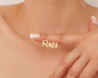 14K massief gouden naam ketting, gepersonaliseerde naam ketting, 14K naam ketting, naam plaat ketting, Moederdag cadeau, mama ketting