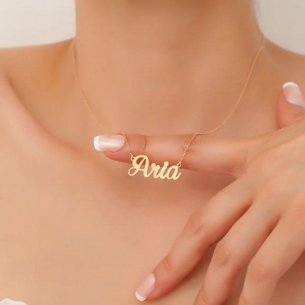 14K massief gouden naam ketting, gepersonaliseerde naam ketting, 14K naam ketting, naam plaat ketting, Moederdag cadeau, mama ketting