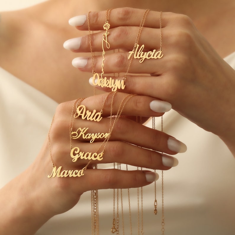 Collar de nombre de oro sólido de 14K, collar de nombre personalizado, collar de nombre de oro collar de placa de nombre, collar de mamá, regalo para ella, regalo para mamá, cumpleaños imagen 3