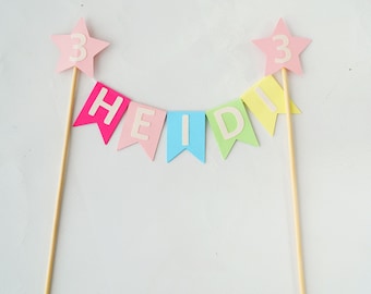 Personalised Pink Star Rainbow Cake Topper, Pastel Girls First Birthday Cake Bunting, Girl Birthday Decor