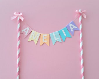 Personalised Cake Topper, Pink Pastel Rainbow Cake Topper, Custom Pink Cake Bunting Girl Birthday Decor