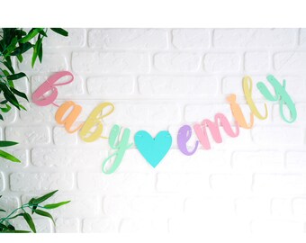 Custom Pastel Rainbow Baby Shower Banner, Girl Name Garland