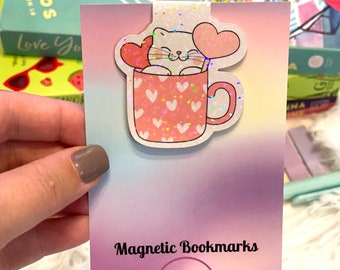 Valentine’s Kitty holographic magnetic bookmark | handmade | cute gift | bookish | book lovers | gifts for her | cat lover