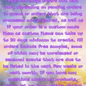 May include: A fluffy white cat with large blue eyes sits amidst yellow lemons, a honeycomb, and vanilla beans against a starry, purple-hued sky. The image contains text detailing processing times, custom order policies, and free sample information.
