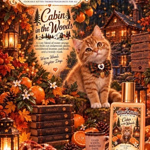 May include: A rectangular perfume bottle labeled Velour Kittens Cabin in the Woods with a 15 ml volume. The label features an orange tabby kitten wearing a plaid bow tie, surrounded by illustrations of oranges, pine cones, and a cabin.