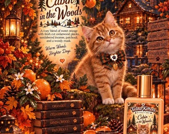 May include: A rectangular perfume bottle labeled Velour Kittens Cabin in the Woods with a 15 ml volume. The label features an orange tabby kitten wearing a plaid bow tie, surrounded by illustrations of oranges, pine cones, and a cabin.