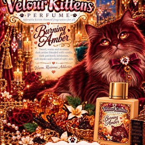May include: A rectangular perfume bottle labeled Velour Kittens Burning Amber with a gold cap, featuring a fluffy brown cat with a heart-shaped bow. The background displays text, red roses, amber crystals, and candles in a warm, ornate setting.