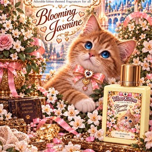 May include: A 50 ml bottle of Velour Kittens Blooming Jasmine perfume featuring a ginger kitten with blue eyes, pink bows, and white flowers. The label displays the text Velour Kittens Perfume Blooming Jasmine Eau de Parfum 50 ml.