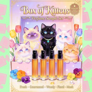 May include: A perfume sample set called "Box of Kittens" featuring five cartoon kittens in a pink box. The set includes five perfume bottles with black spray tops. The scent notes are fresh, gourmand, woody, floral, and musk.
